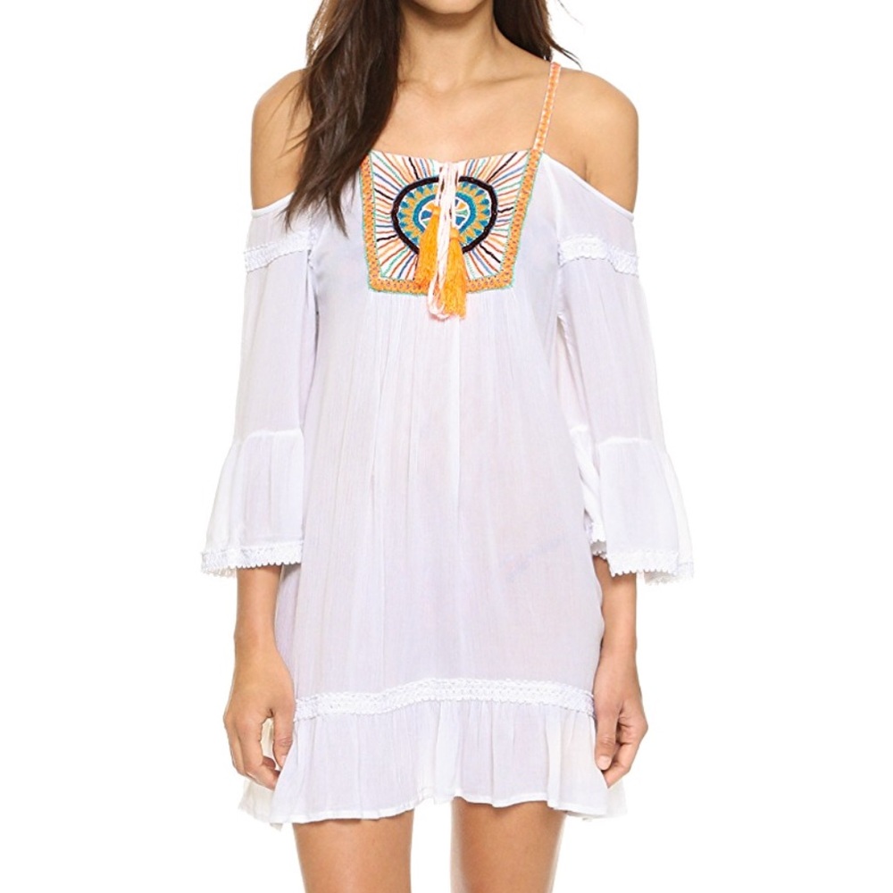 Pia Pauro White Gauze Burst Beach 3/4 Sleeve Coverup Mini Swing Dress Sz Small